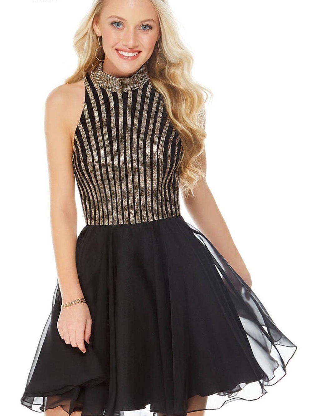 Alyce Designs Eye-catching Black Dress with gold Metallic Striped halter bodice